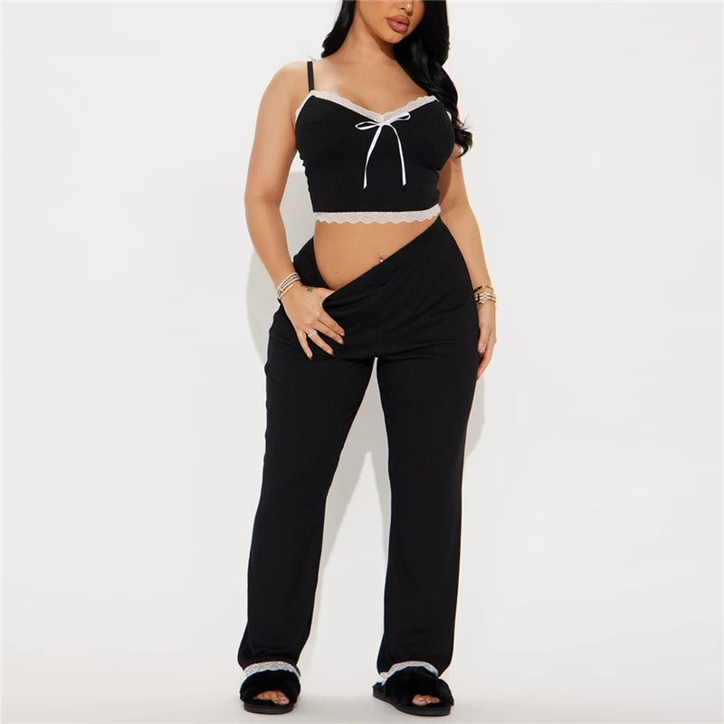 Women Fashion Sexy Lace Splice Camisole Loose Pants Pajamas Two-Piece Set