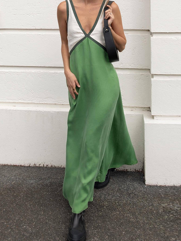 Loose Sleeveless Contrast Color Split-Joint Deep V-Neck Maxi Dresses