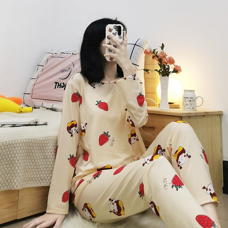 Women Fashion Casual Spring And Autumn Printed Round Neck Long Sleeve T-Shirt Loose Pants Pajamas Set