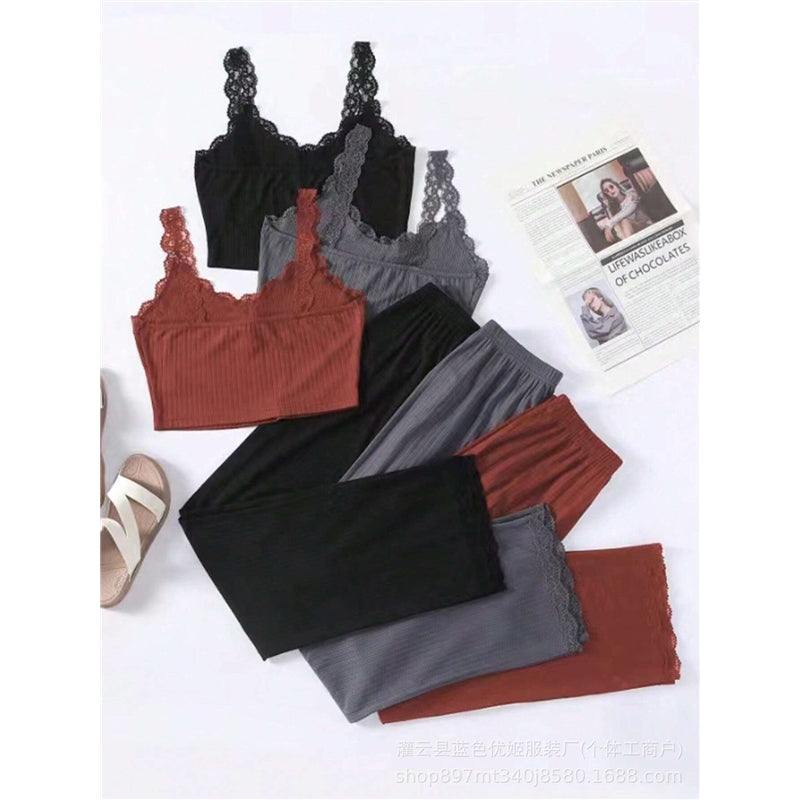 Women Fashion Solid Color Lace-Trimmed Crop Top Loose Pants Pajamas Two-Piece Set