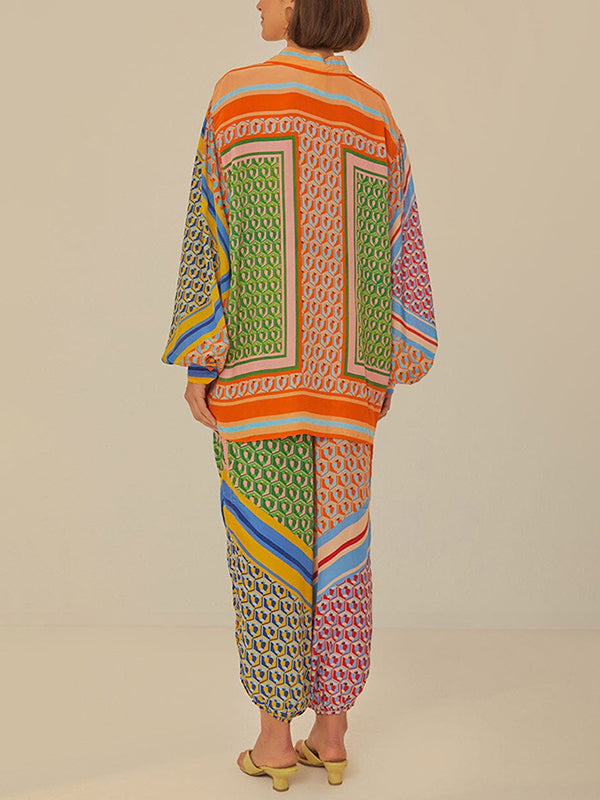 Multi-Color Patchwork Long-Sleeved Lapel Shirt Top + Baggy Pants Pocket Casual Pants Two-Piece Set