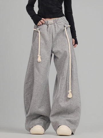 High Waisted Loose Drawstring Elasticity Pockets Solid Color Pants Trousers