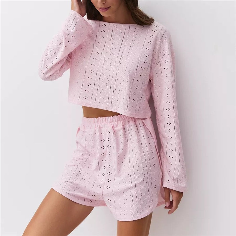 Women Fashion Casual Solid Color Hollow-Out Long-Sleeve T-Shirt Loose Shorts Pajamas Two-Piece Set