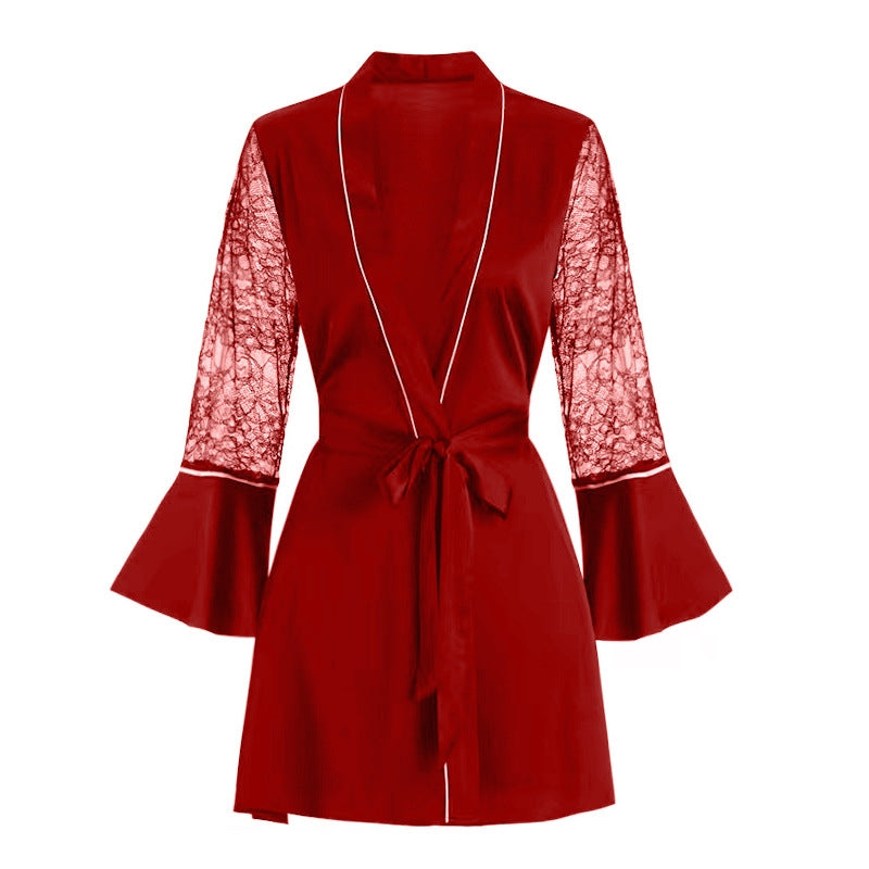 Women Fashion Elegant Lace Splicing V-Neck Long-Sleeve Lace-Up Dress Pajamas