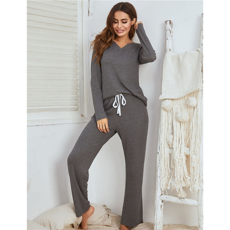 Women Fashion Autumn And Winter Solid Color V-Neck Long Sleeve Top Loose Pants Pajamas Two-Piece Set