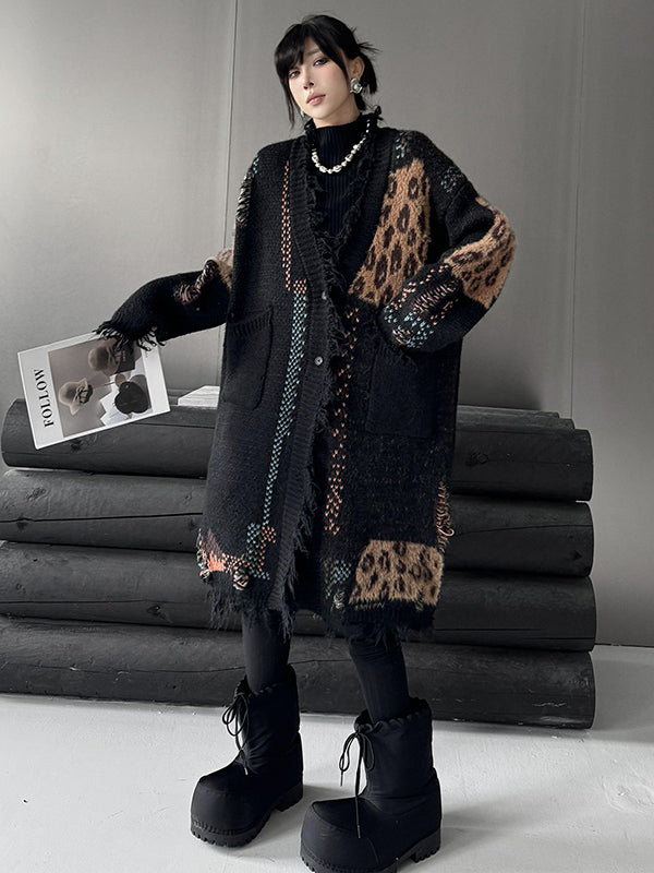 Hipster Long Sleeves Asymmetric Buttoned Contrast Color Leopard Pockets Split-Joint V-Neck Cardigan Tops