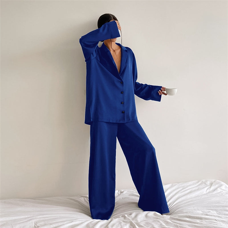 Women Fashion Casual Solid Color Ice Silk Lapel Long-Sleeve Loose Pants Pajamas Two-Piece Set