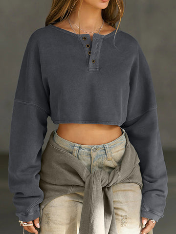 Long Sleeves Loose Solid Color Split-Joint Round-Neck Sweatshirt Tops
