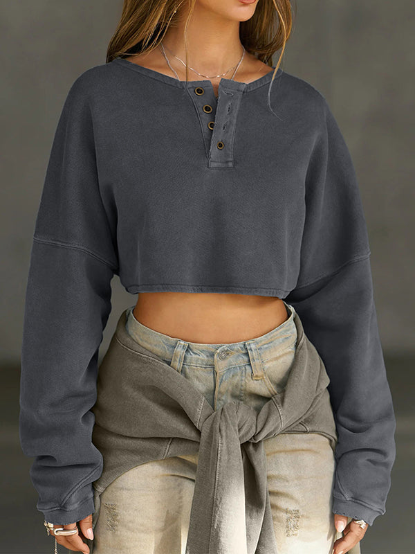 Long Sleeves Loose Solid Color Split-Joint Round-Neck Sweatshirt Tops