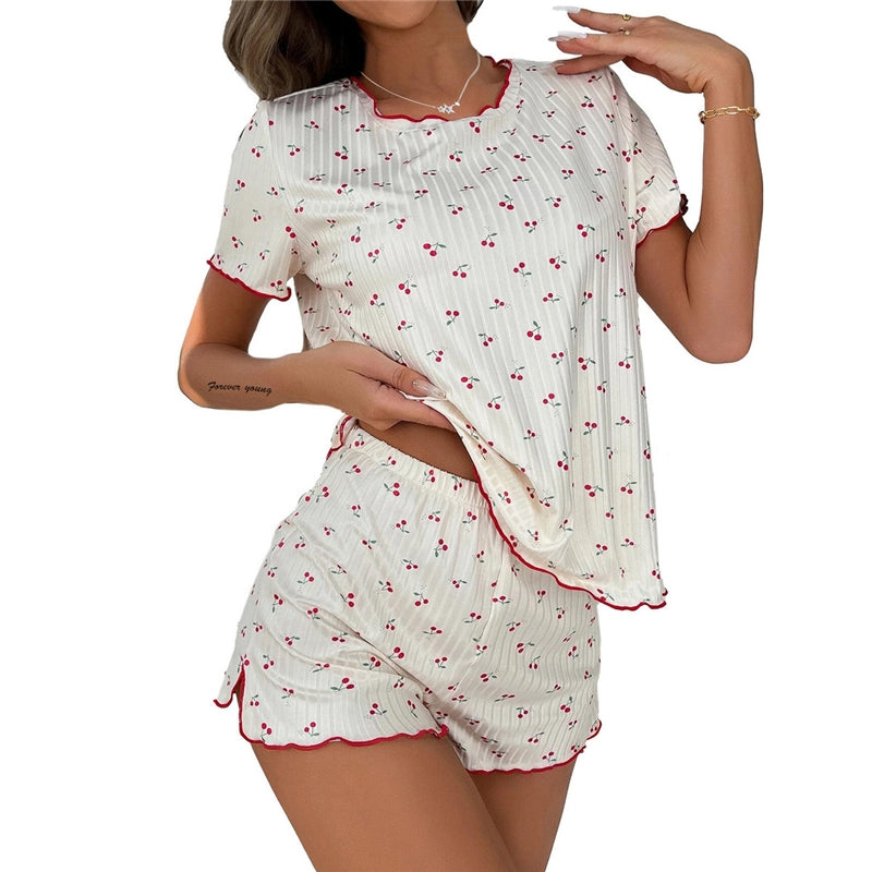 Women Fashion Casual Cherry Printed Short-Sleeve T-Shirt Loose Shorts Pajamas Two-Piece Set