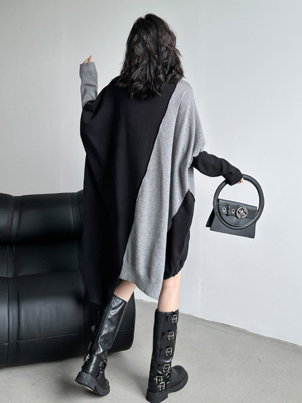 Batwing Sleeves Hipster Asymmetric Contrast Color Split-Joint High-Neck Midi Dresses Sweater Dresses