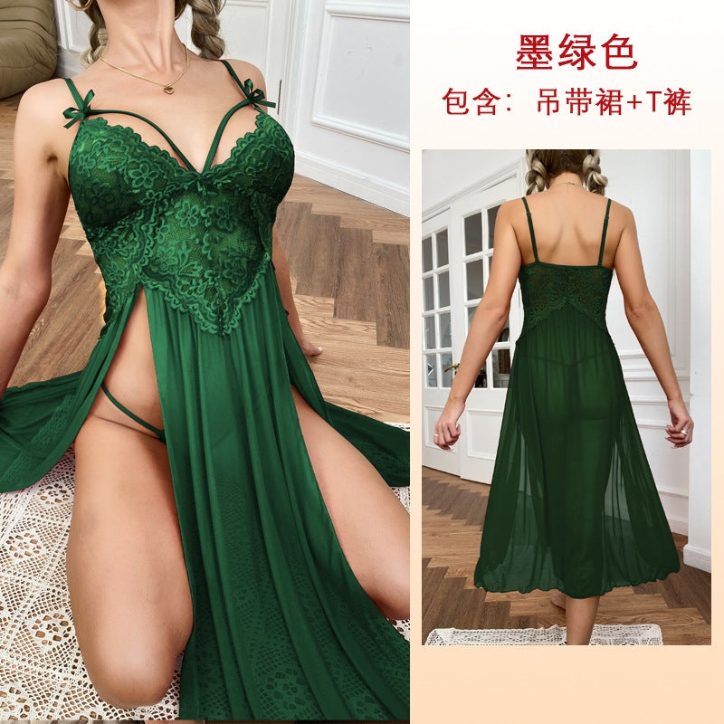 Women Fashion Sexy Deep V Lace Mesh Split Home Pajamas Set