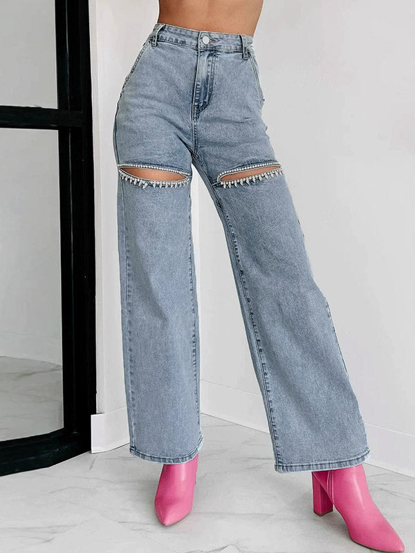 High Waisted Straight Leg Ripped Split-Joint Jean Pants Bottoms