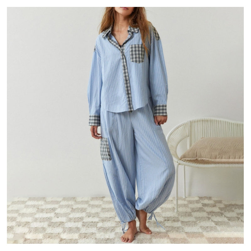 Women Fashion Casual Plaid Lapel Long Sleeve Top Loose Drawstring Pants Pajamas Set