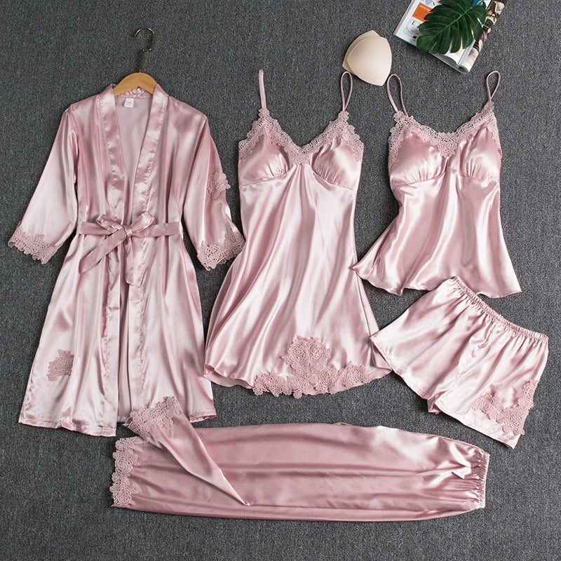 Women Summer Ice Silk Sexy Solid Color Lace Long Sleeve Nightgown Five-Piece Set