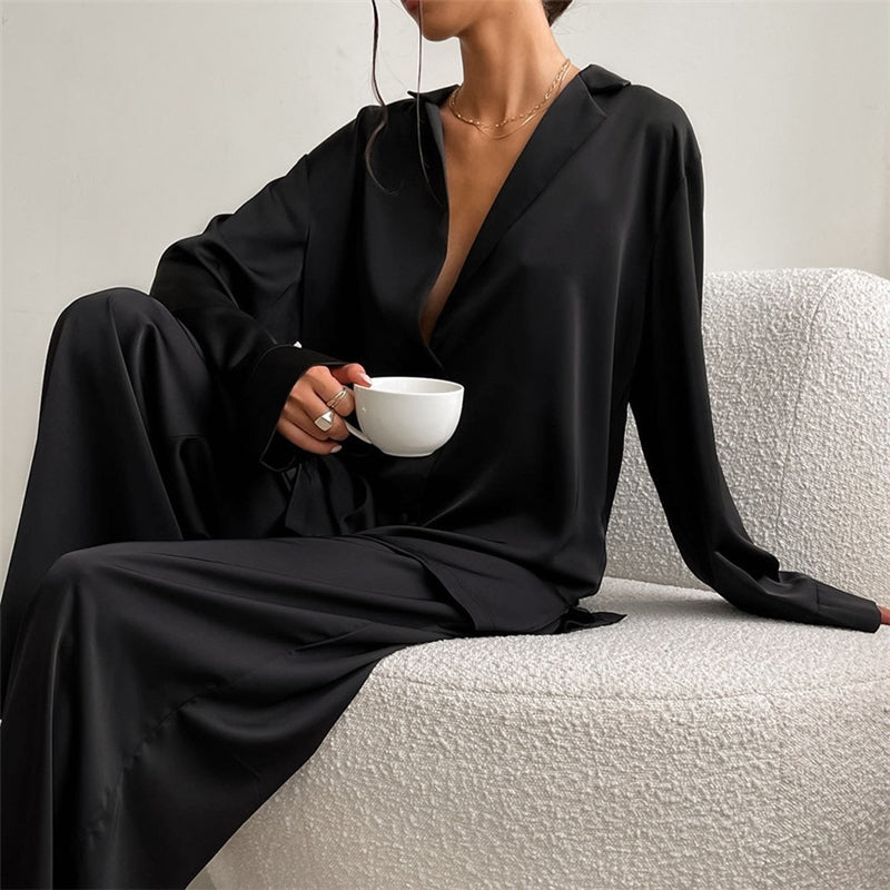 Women Fashion Casual Solid Color Ice Silk Lapel Long-Sleeve Loose Pants Pajamas Two-Piece Set