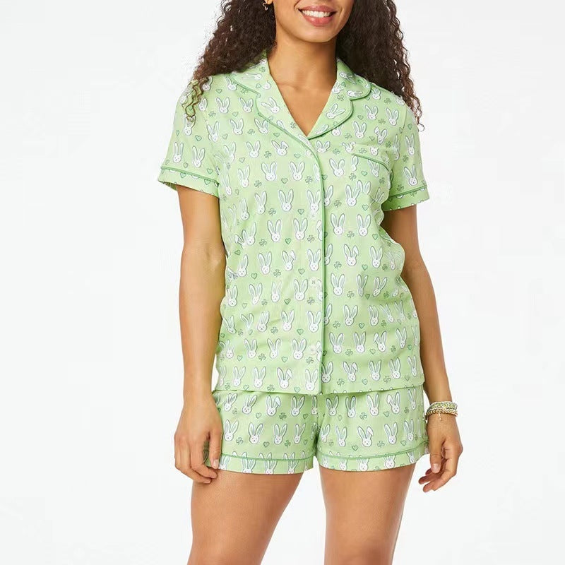 Women Fashion Casual Print Short-Sleeve Top Loose Shorts Pajamas Two-Piece Set