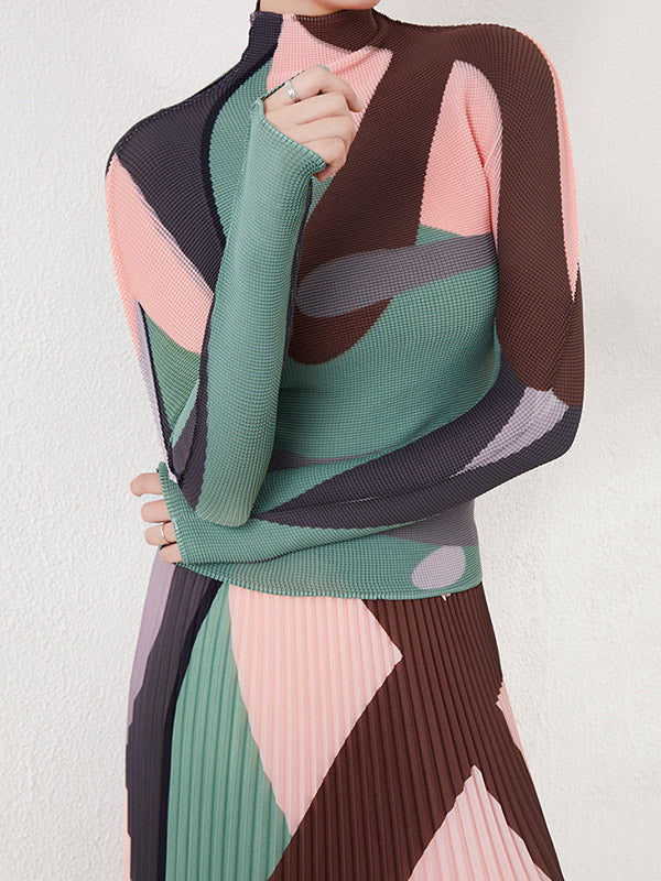 Long Sleeves Contrast Color Pleated Mock Neck T-Shirts Tops