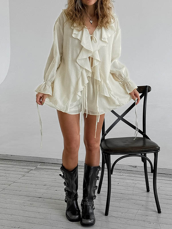 Long Sleeves Loose Ruffle Trim Solid Color Tied V-Neck Blouses&Shirts Tops + Elasticity Shorts Bottom Two Pieces Set