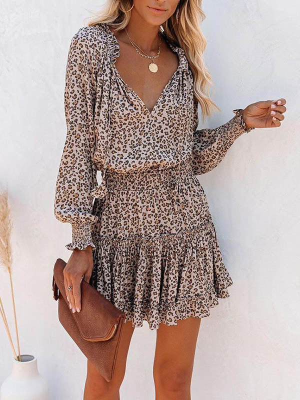 A-Line Long Sleeves Contrast Color Leopard Pleated Split-Joint Tied V-Neck Mini Dresses