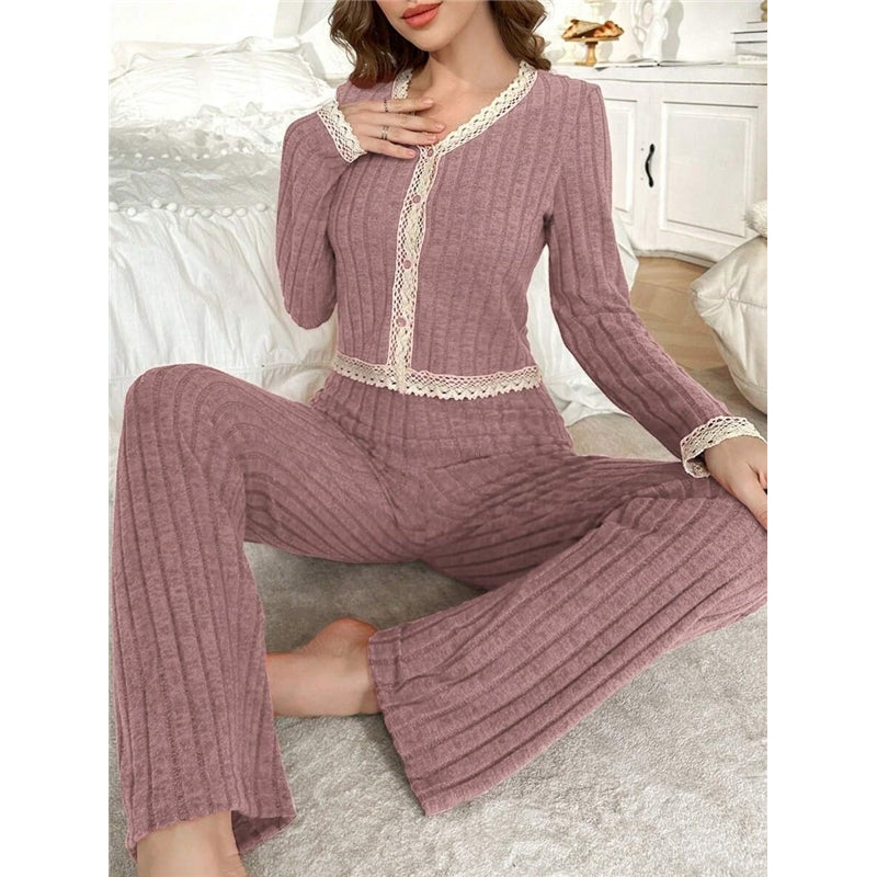 Women Fashion Autumn And Winter Lace Stitching V-Neck Long-Sleeve Top Loose Pants Pajamas Two-Piece Set