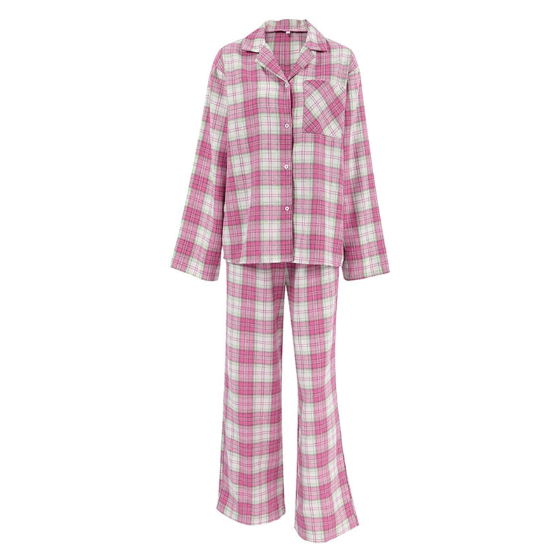 Women Fashion Casual Red Plaid Long Sleeve Lapel Top Loose Pants Pajamas Set
