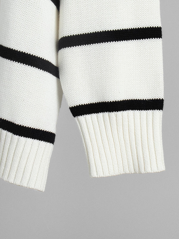 Long Sleeves Loose Split-Joint Striped V-Neck Cardigan Tops