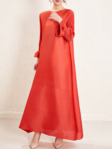 A-Line Loose Pleated Solid Color Round-Neck Maxi Dresses