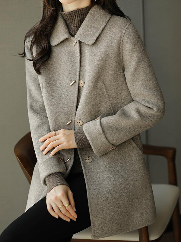 Long Sleeves Loose Buttoned Pockets Solid Color Lapel Woolen Coat