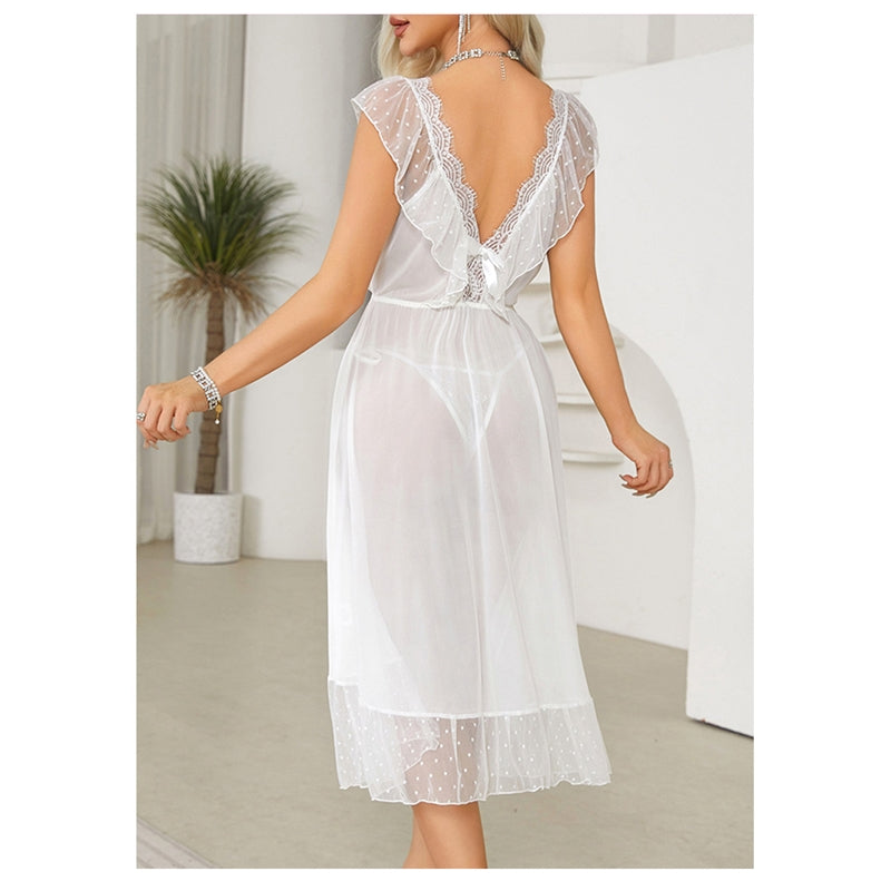 Women Fashion Sexy Deep V Lace Mesh Polar Dot Sexy Pajamas