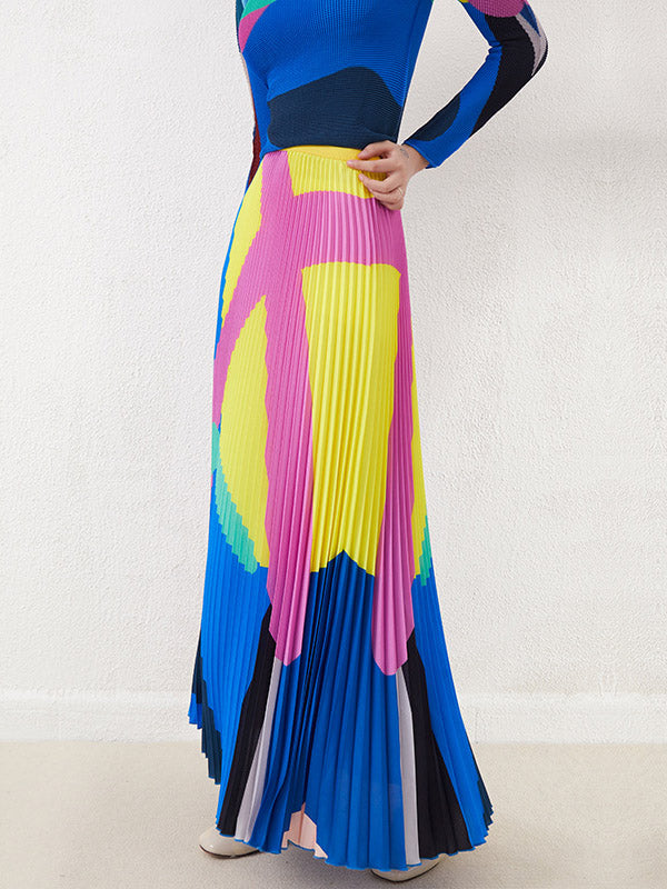 A-Line Loose Contrast Color Pleated Skirts Bottoms