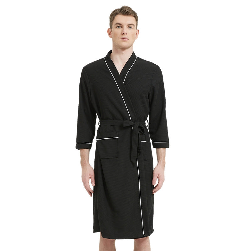 Fashion Casual Contrast Color Waffe Bathrobe Lace-Up Nightgown