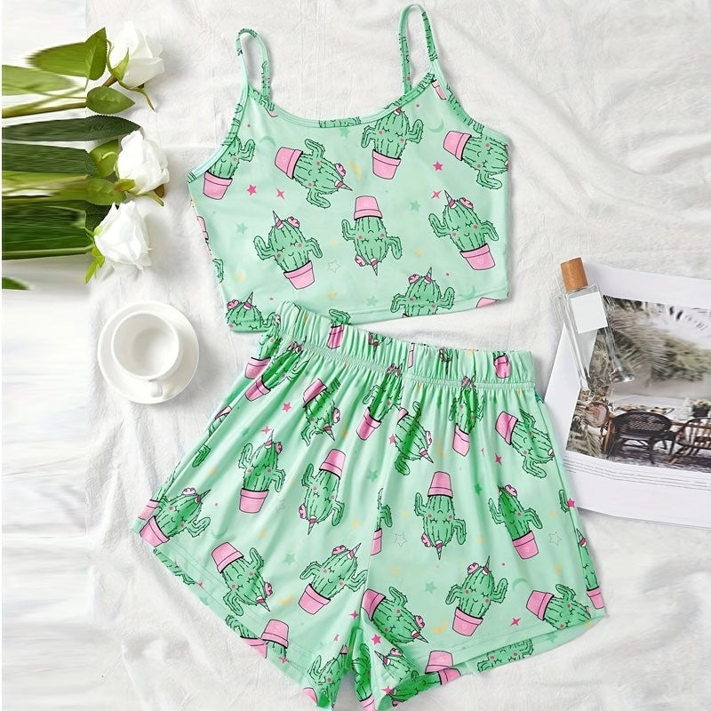 Women Fashion Cactus Print Pajamas Two-Piece Set