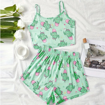 Women Fashion Cactus Print Pajamas Two-Piece Set