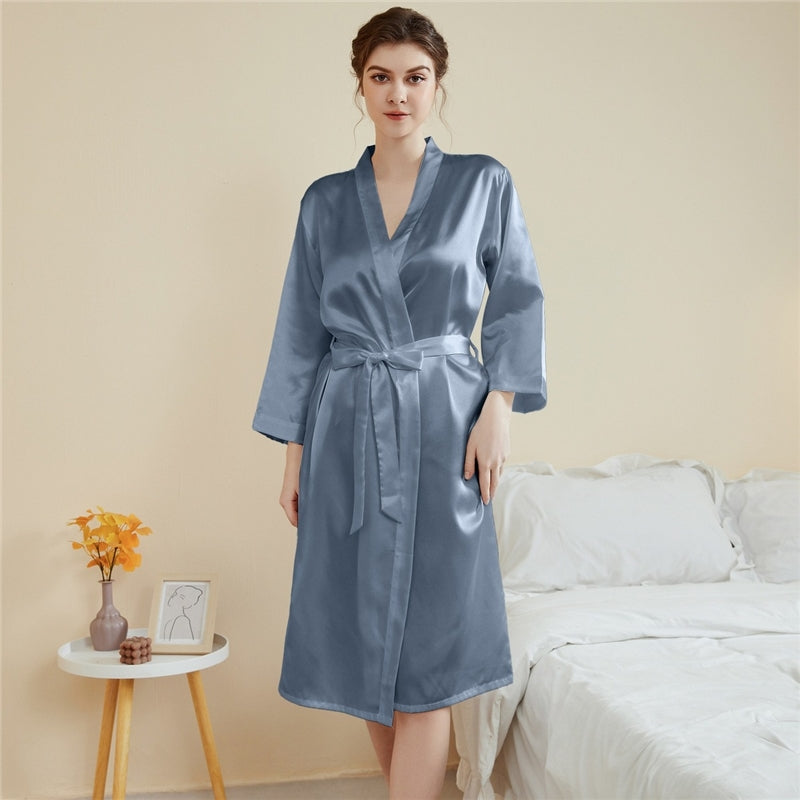 Women Fashion Solid Color Satin Long-Sleeve Lace-Up Loose Pajamas