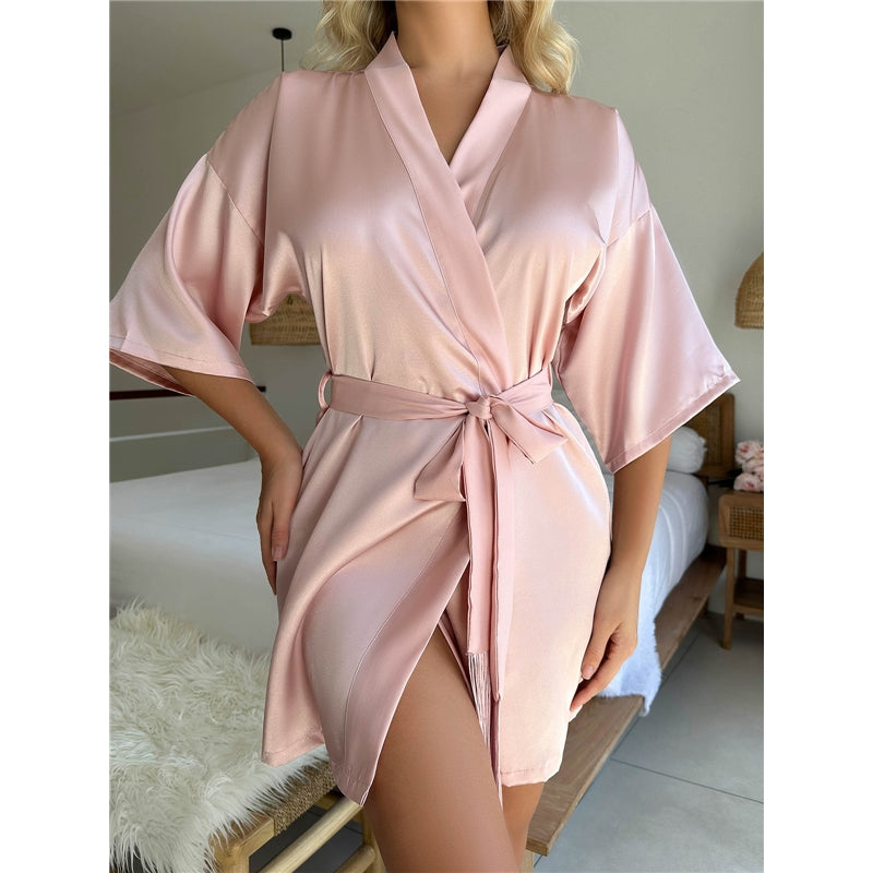 Women Fashion Sexy Solid Color Mid-Sleeve Lace-Up Tassel Pajamas