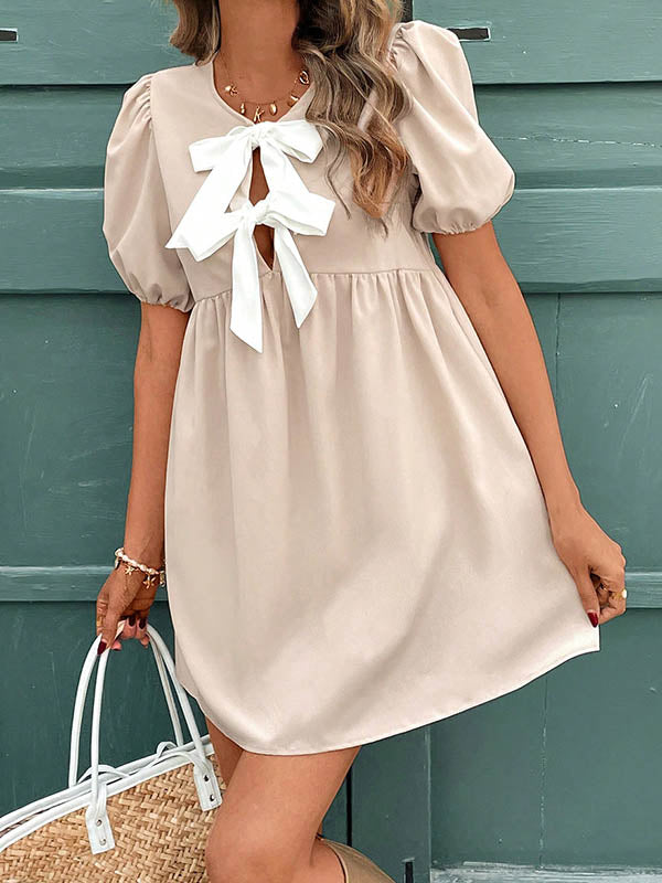 A-Line Loose Bowknot Elasticity Pleated Round-Neck Mini Dresses