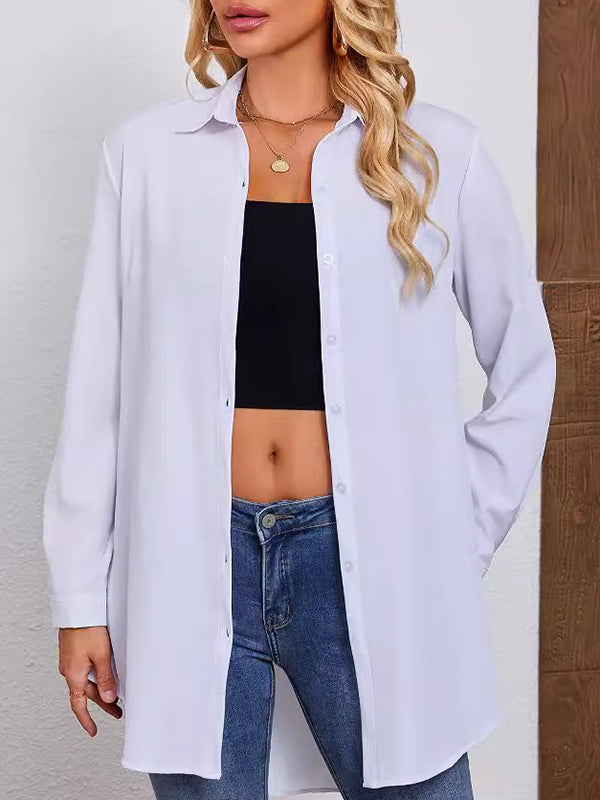 Long Sleeves Loose See-Through Solid Color Split-Joint Lapel Blouses