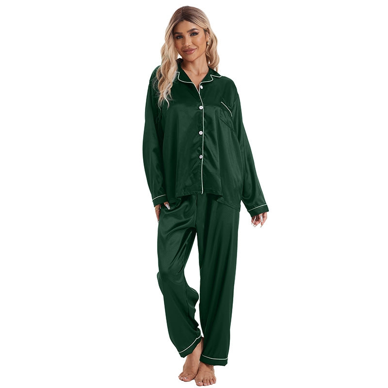Women Simple Casual Lapel Ice Silk Long-Sleeved Pajamas Set