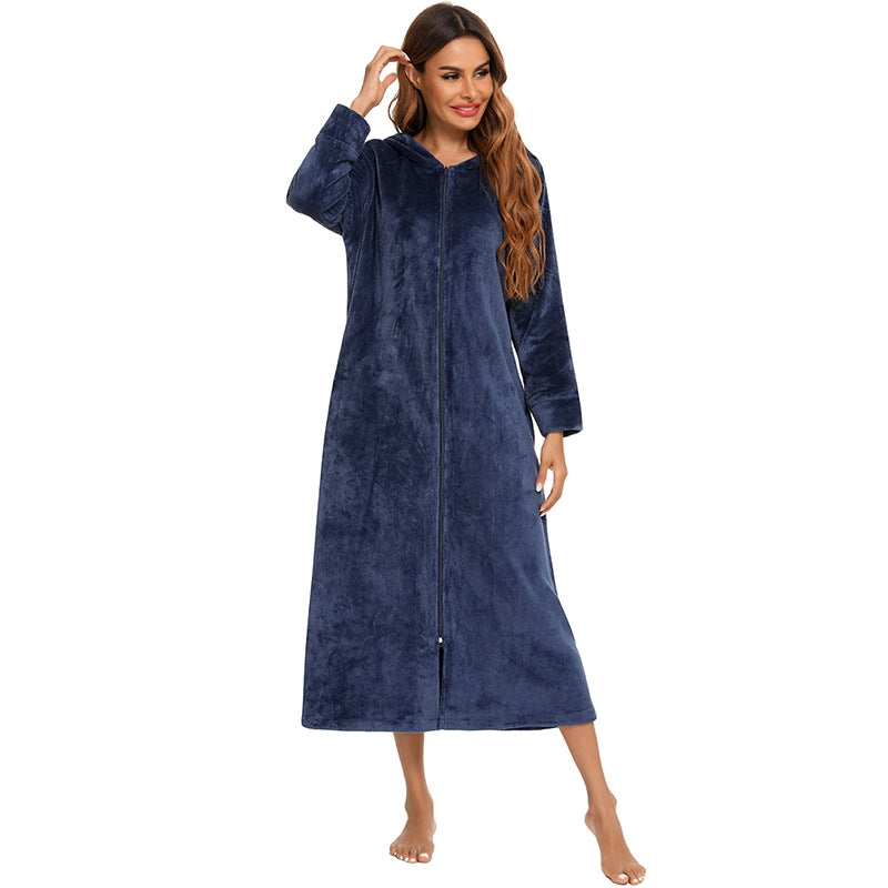 Winter Women Fashion Solid Color Zipper Long Sleeve Flannel Pajamas