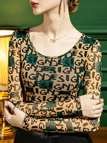 Long Sleeves Skinny Contrast Color Letter Print Round-Neck T-Shirts Tops