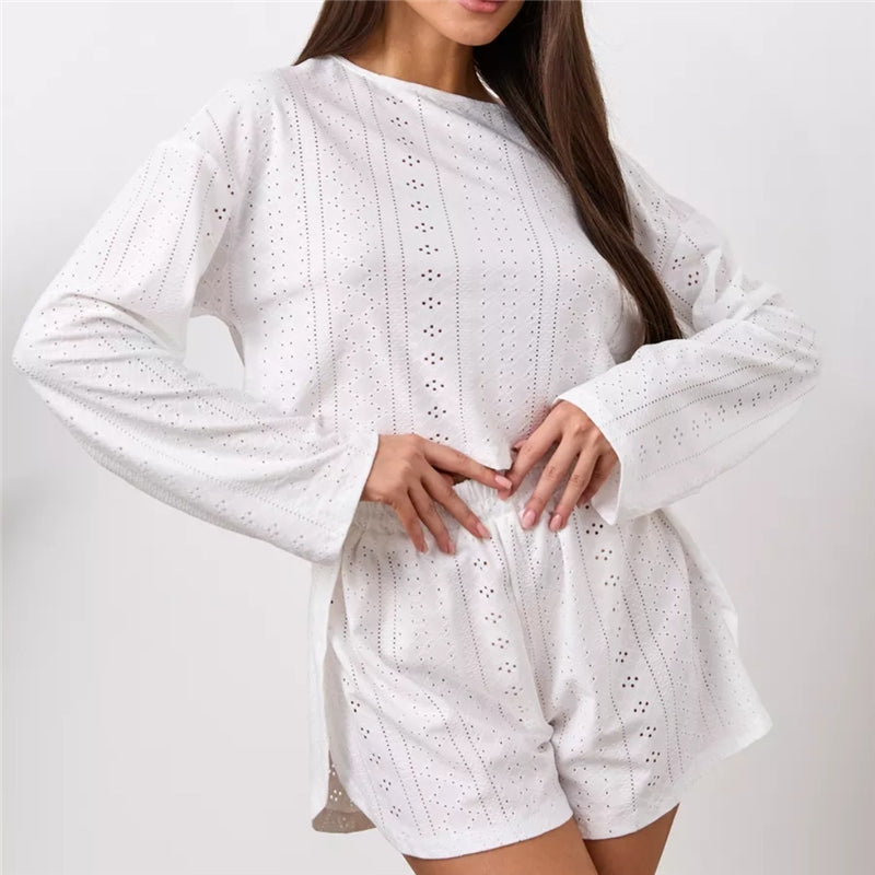 Women Fashion Casual Solid Color Hollow-Out Long-Sleeve T-Shirt Loose Shorts Pajamas Two-Piece Set