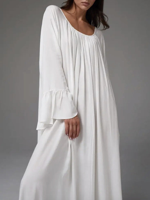 A-Line Flared Sleeves Pleated Solid Color Split-Joint Round-Neck Maxi Dresses