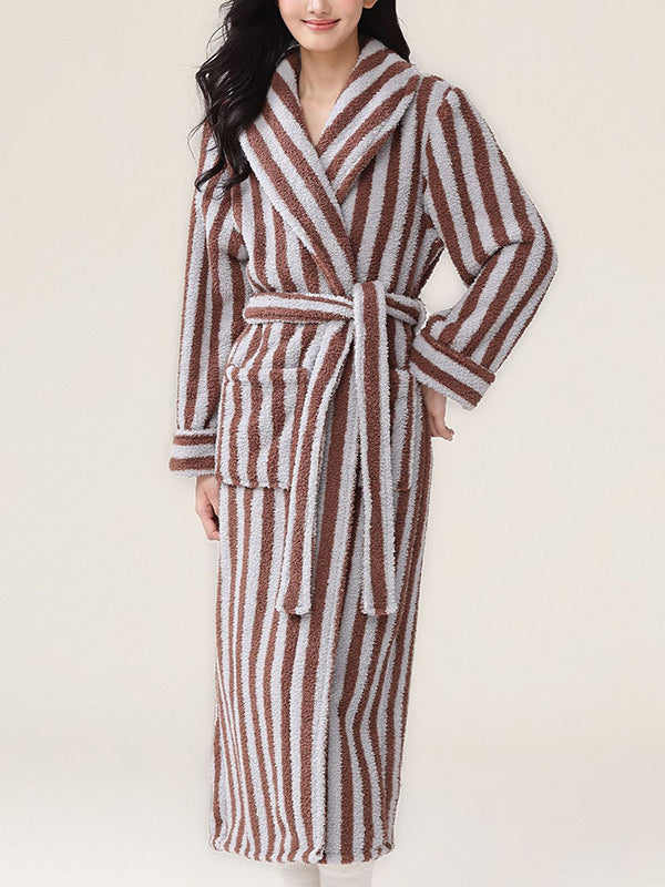 Long Sleeves Loose Split-Joint Striped Tied Waist Lapel Robes