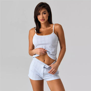 Women Fashion Sexy Jacquard Hollow-Out Camisole Slim-Fit Shorts Pajamas Two-Piece Set