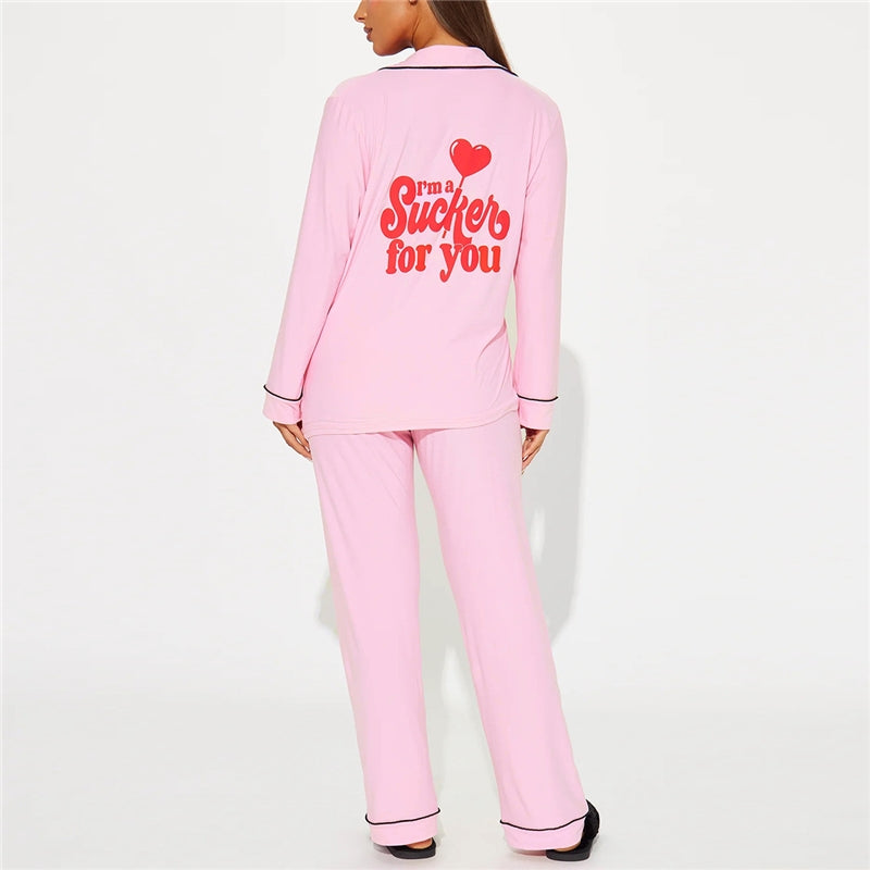 Women Fashion Casual Autumn And Winter Printed Lapel Long Sleeve Top Loose Pants Pajamas Set