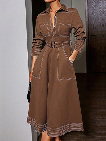 Long Sleeves Loose Buttoned Elasticity Pockets Solid Color Lapel Maxi Dresses