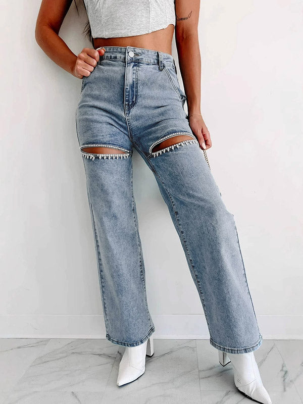 High Waisted Straight Leg Ripped Split-Joint Jean Pants Bottoms