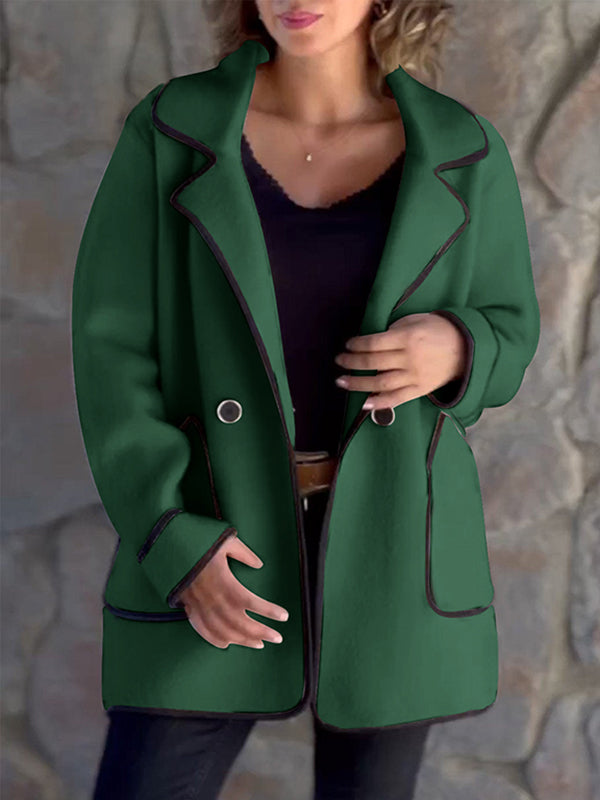 Long Sleeves Loose Buttoned Pockets Split-Joint Notched Collar Woolen Coat