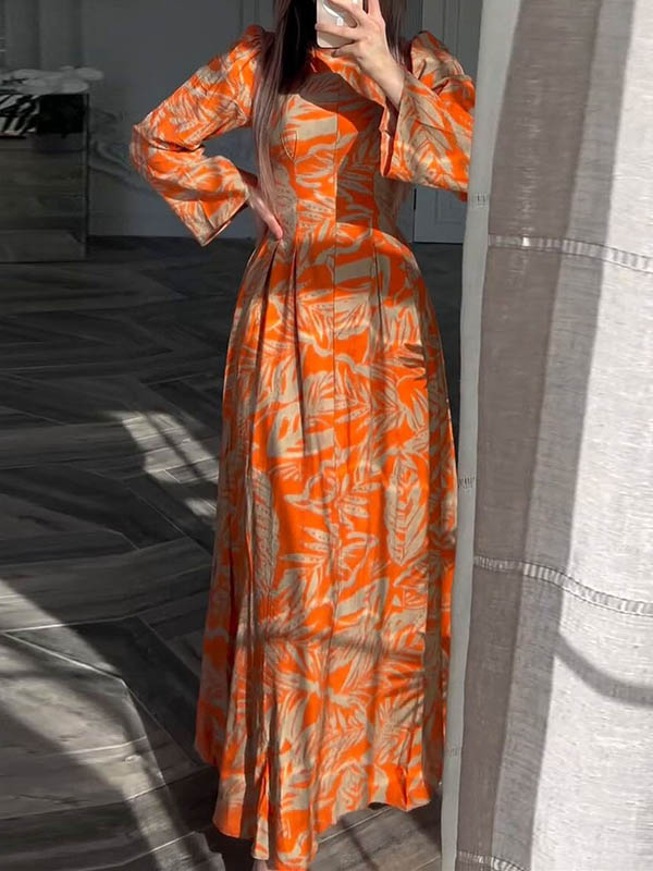 A-Line High Waisted Flower Print Pleated Zipper Mock Neck Maxi Dresses